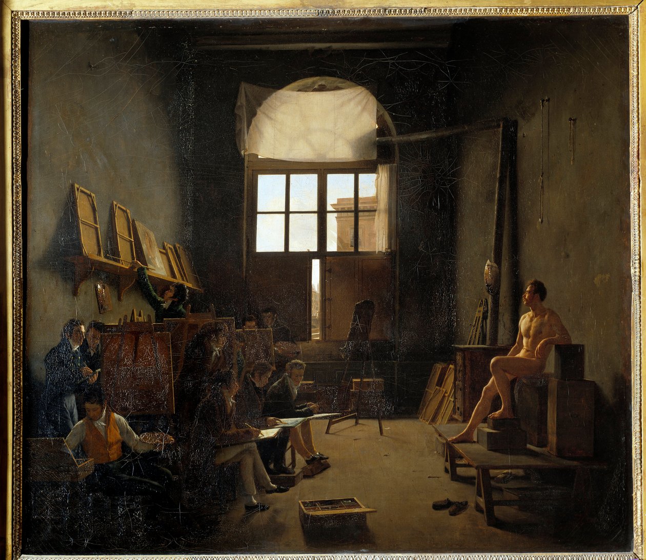 Interiér Davidova ateliéru na College of Four Nations v roce 1814 (dnešní Institut de France). Obraz Mathieu Cochereau (1793-1817) od Leon Mathieu Cochereau