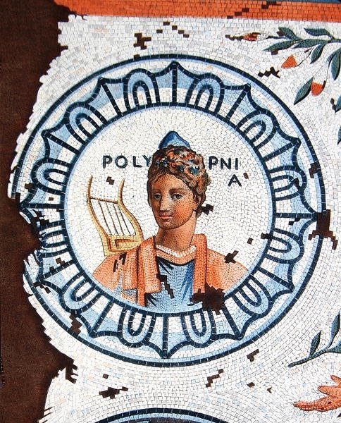 Polymnia, Múza posvátné písně, zpěvu, řečnictví a rétoriky (barevná rytina) od Leon de (after) Laborde