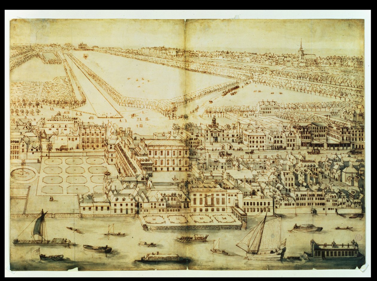Pohled z ptačí perspektivy na palác Whitehall, kolem roku 1695 (inkoust a mytí na papíře) od Leonard Knyff