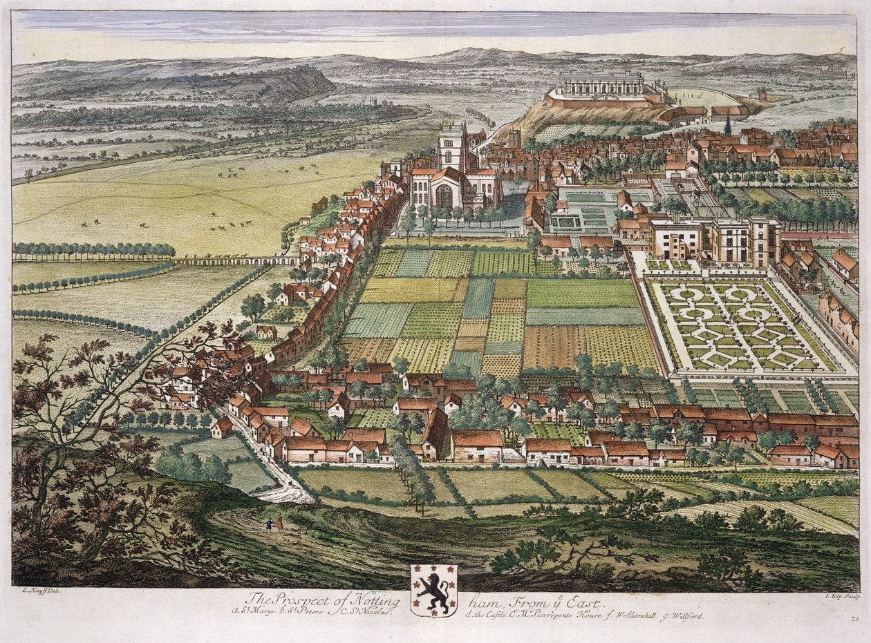 Vyhlídka Nottinghamu z východu vyrytá Johannesem Kipem (asi 1652-1722) od Leonard Knyff