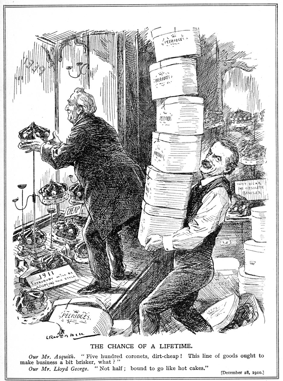 Asquith a Lloyd George připravují vytvoření 500 dalších peerů, aby překonali odpor Sněmovny lordů proti reformě, 1910. od Leonard Raven Hill