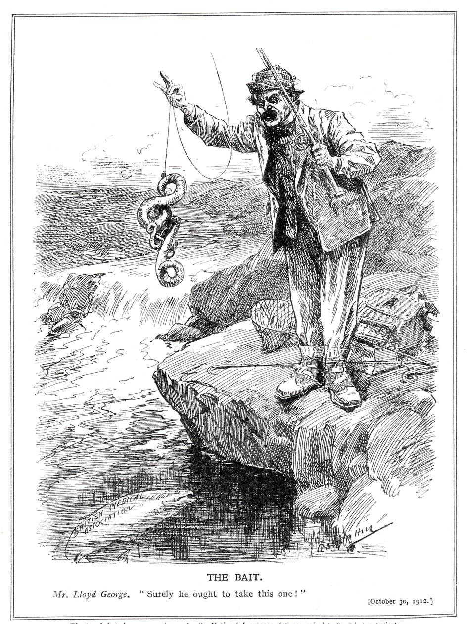Lloyd George se snaží získat lékařské povolání schválením jeho zákona o národním pojištění z roku 1912 od Leonard Raven Hill