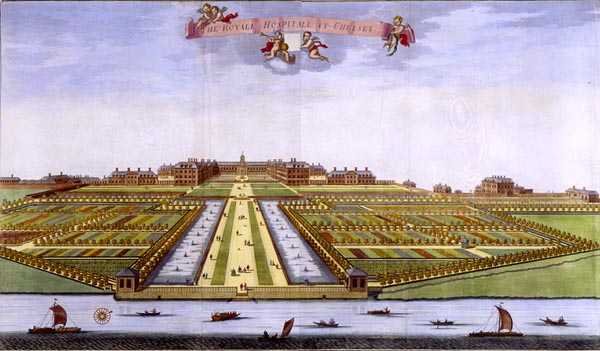 Královská nemocnice v Chelsey, z „Survey of London“ vyryté Johannesem Kipem (asi 1652-1722) od Leonard (after) Knyff