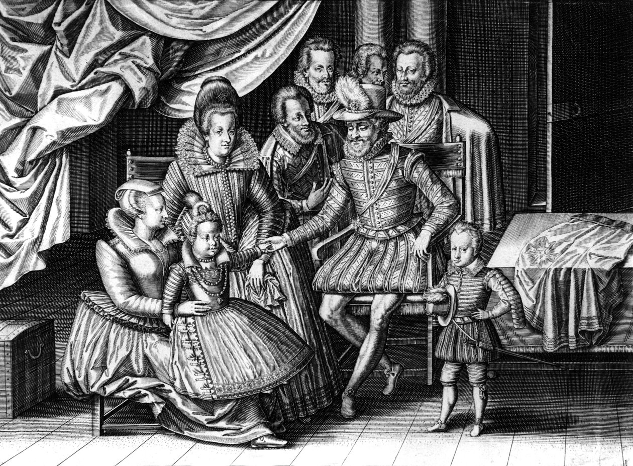 Francouzský král Henri IV s manželkou Marií de Medicis a 2 z jejich dětí: budoucí Ludvík XIII. a Alžběta, rytina Leonarda Gaultiera a Le Clerca, c. 1605 od Leonard Gaultier