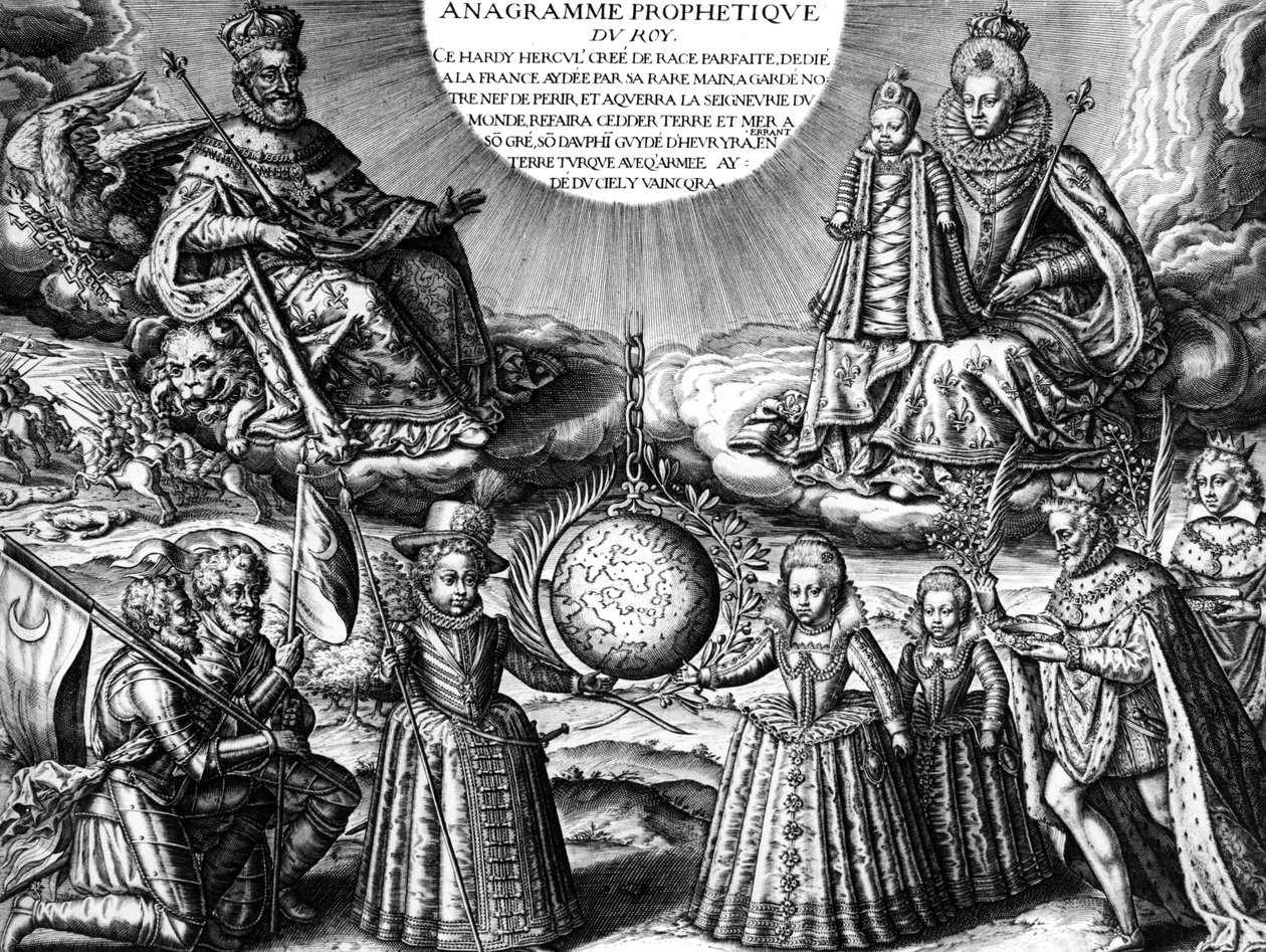 Francouzská královská rodina v roce 1607 (propaganda): francouzský král Jindřich IV. a jeho manželka královna Marie de Medicis drží dceru Kristinu; dole: jejich další děti: budoucí Ludvík XIII., Elisabeth a Henriette-Marie. Dne r : král následován svými ne od Leonard Gaultier