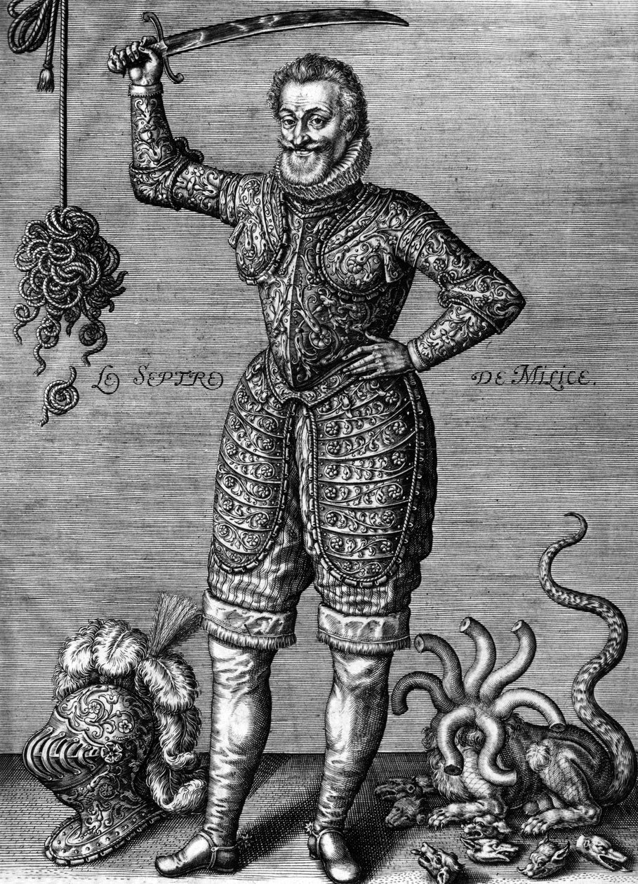 Henri IV (1553-1610) francouzský král v letech 1589-1610, zde na sobě brnění, třímající meč, jako napravovatel křivd, rytina Leonarda Gaultiera od Leonard Gaultier