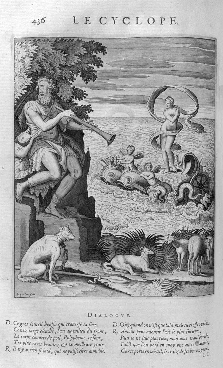 Polyphemus, obří syn Poseidona a Thoosy v řecké mytologii, jeden z Kyklopů popsaných v Odyssey od Leonard Gaultier