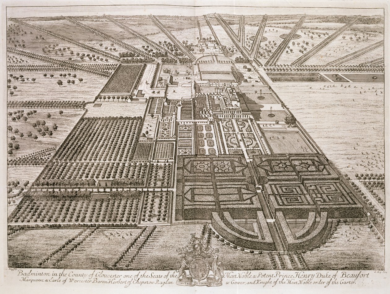 Badminton House v hrabství Gloucester, vyrytý Johannesem Kipem (c.1652-1722) (viz také 192764) od Leonard Knyff