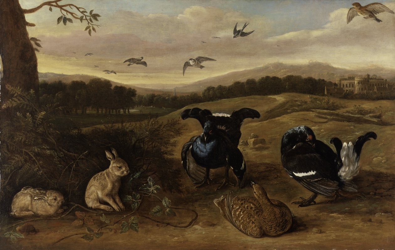Černá zvěř, králíci a vlaštovky v parku, cca 1700 (olej na plátně) od Leonard Knyff