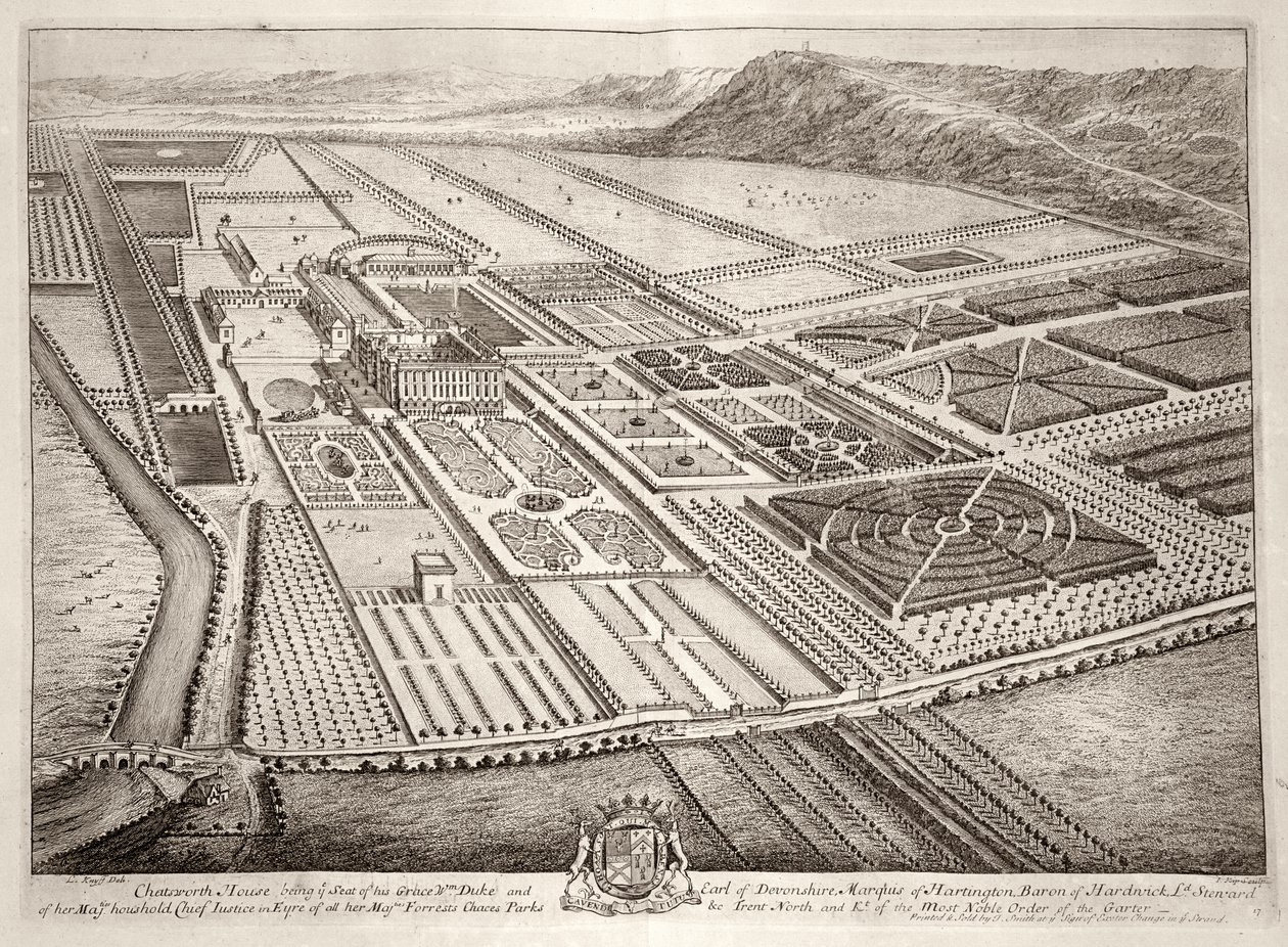 Chatsworth House, sídlo Williama Cavendishe (1640-1707) 1. vévoda z Devonshire, vyryl Johannes Kip (c.1652-1722) od Leonard Knyff