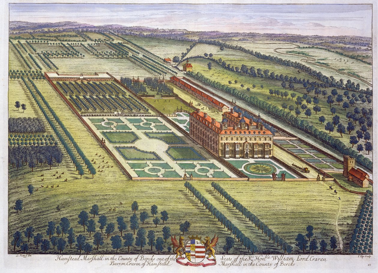 Hamstead Marshall v hrabství Berkshire vyryl Johannes Kip (asi 1652-1722) od Leonard Knyff