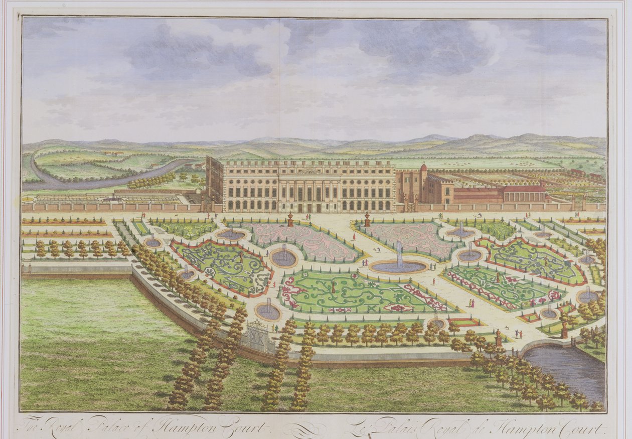Královský palác v Hampton Court, z „Survey of London“, vyrytý Johannesem Kipem (asi 1652-1722), 1730 (barevná rytina) od Leonard Knyff