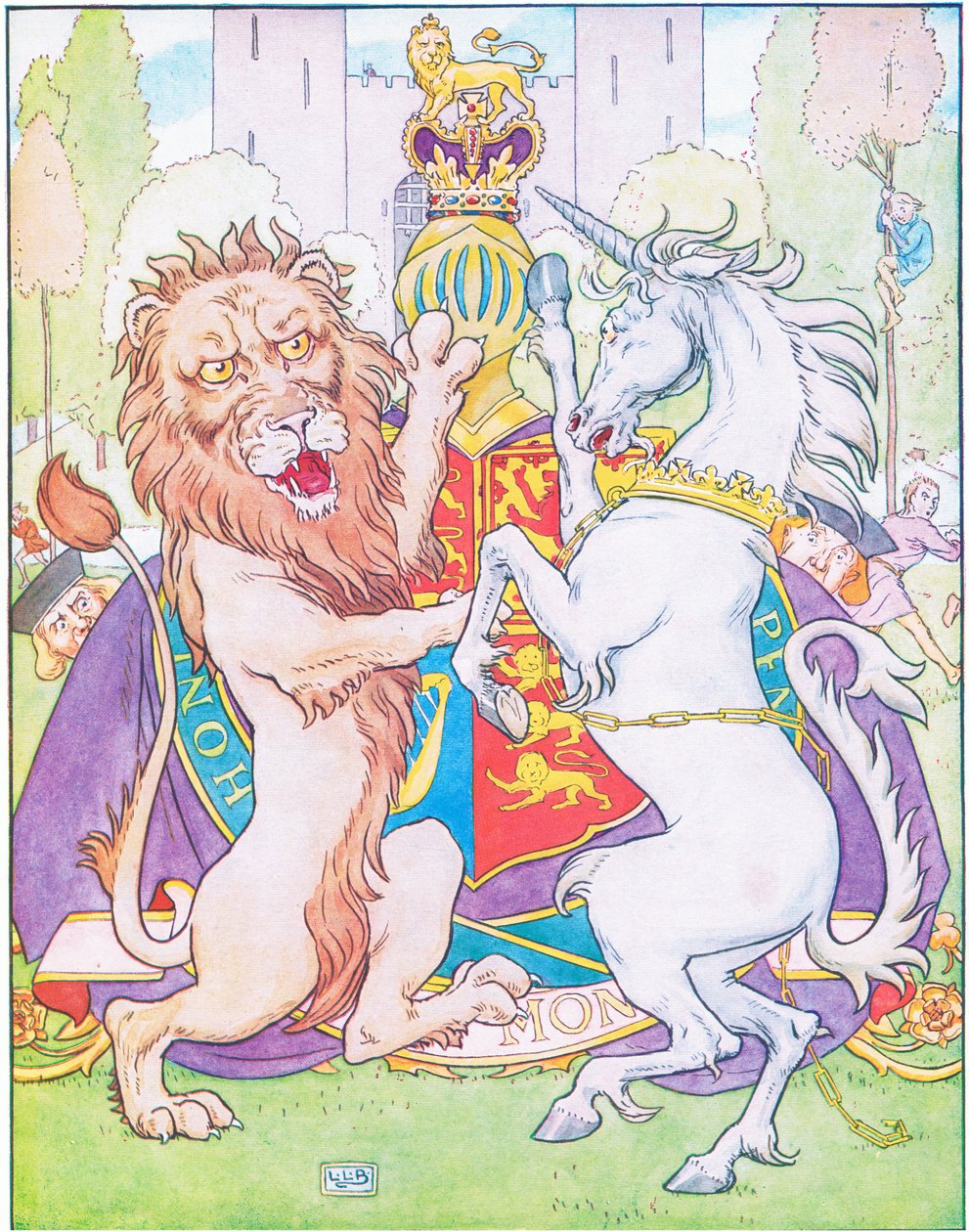 Lev a jednorožec bojovali o korunu (barva litho) od Leonard Leslie Brooke