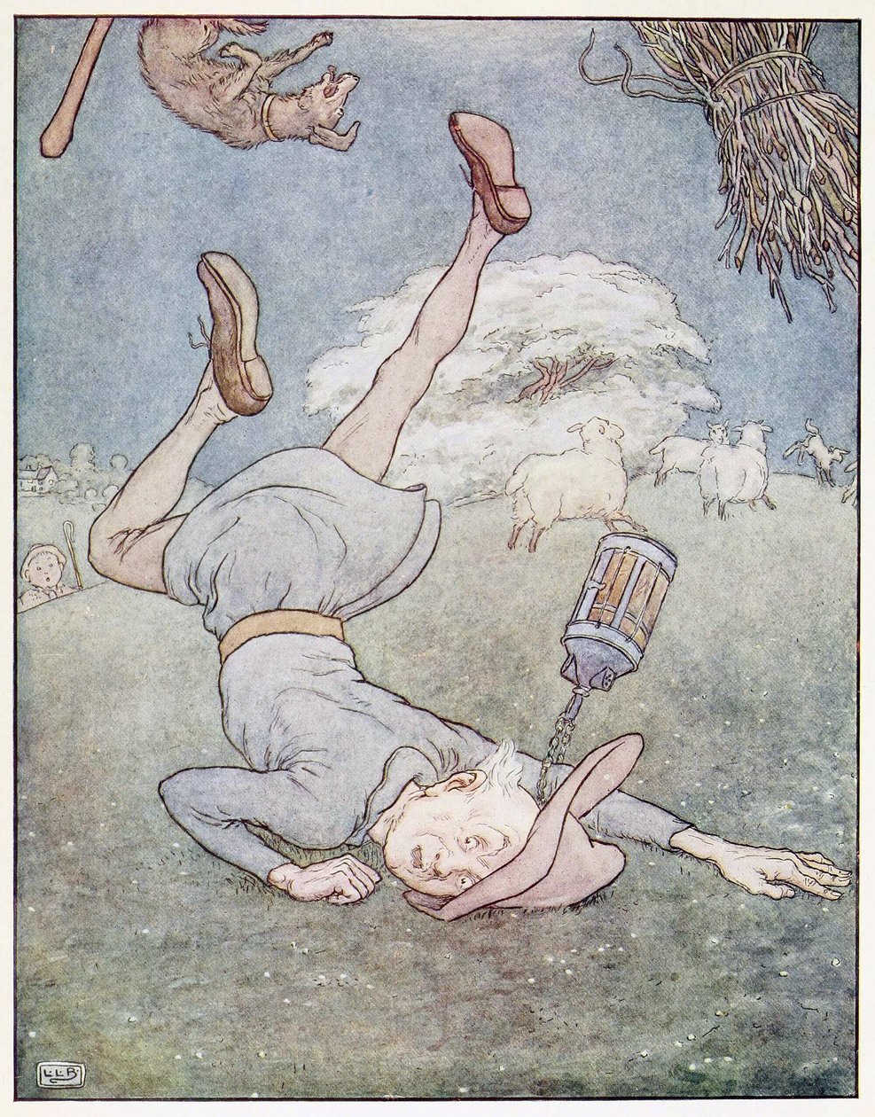 Muž na měsíci se zřítil dolů, z hospody A Nursery Rhyme Picture Book. 1914 (barevné lito) od Leonard Leslie Brooke