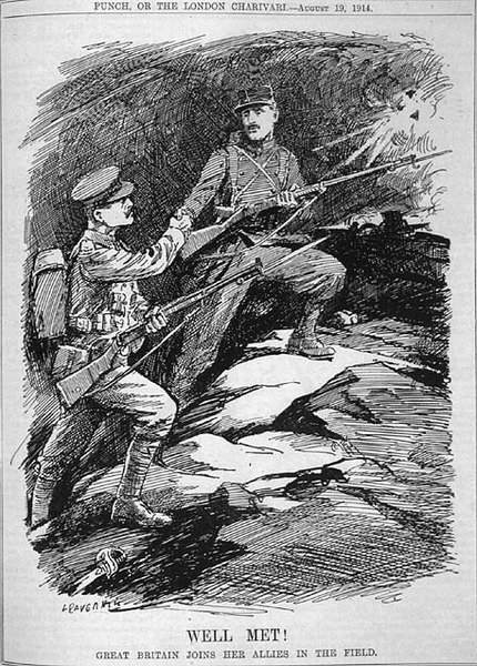 Dobře se setkali! Velká Británie se připojuje ke svým spojencům v poli z časopisu "Punch", svazek CXLVII str.161, vyd. 19. srpna od Leonard Raven Hill
