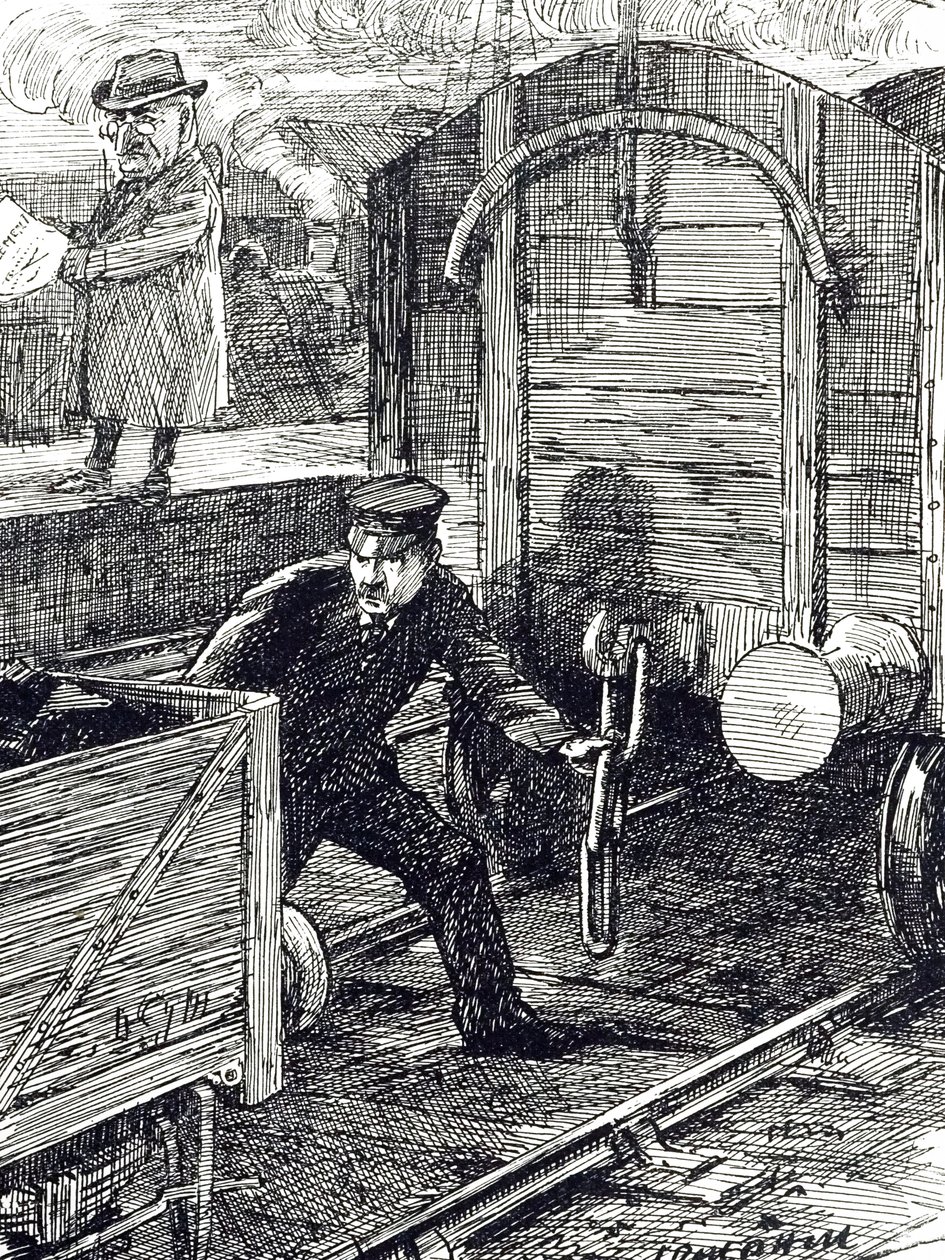 Karikatura komentující nehody železničářů. Ilustroval Leonard Raven-Hill (1867-1942), anglický malíř, ilustrátor a karikaturista, 20. století. od Leonard Raven Hill