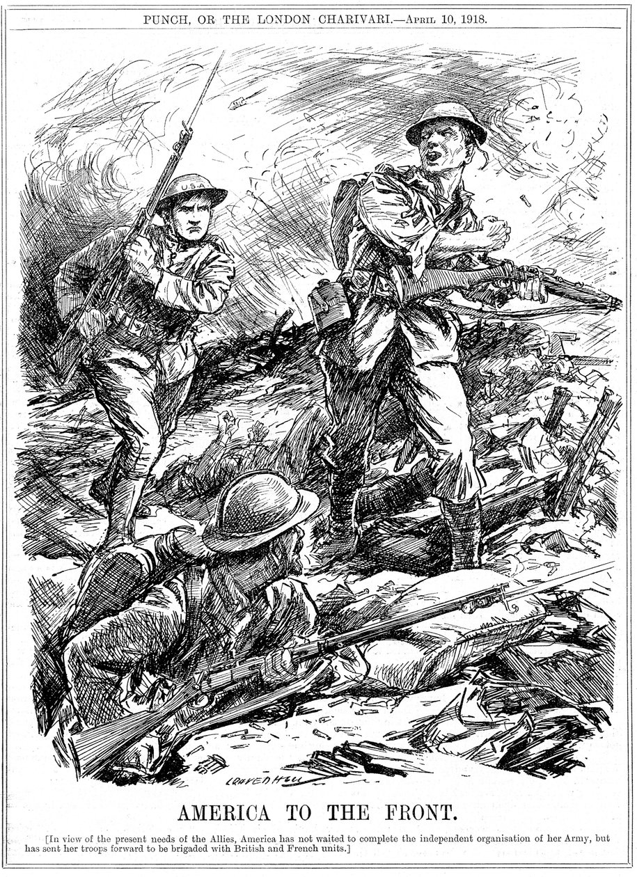 Americké posily na pomoc spojeneckým jednotkám před příchodem hlavní americké armády, 1. světová válka, 1918 od Leonard Raven Hill