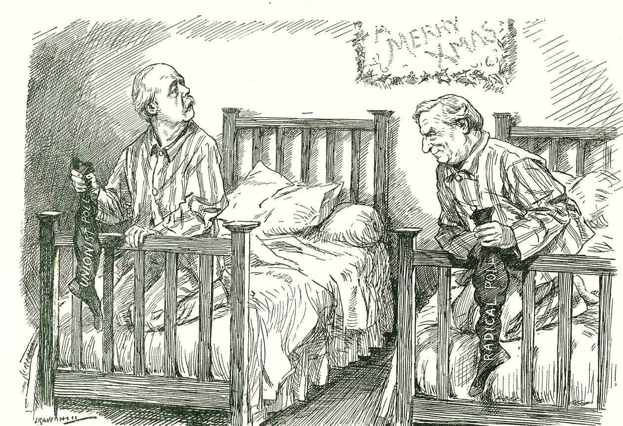 Konzervativec Arthur Balfour a liberál Herbert Asquith s vánočními punčochami. Ve všeobecných volbách v prosinci 1910 neměl ani jeden z nich celkovou většinu. Asquithovi se podařilo sestavit vládu v koalici s Irskou národní stranou. Leonard od Leonard Raven Hill