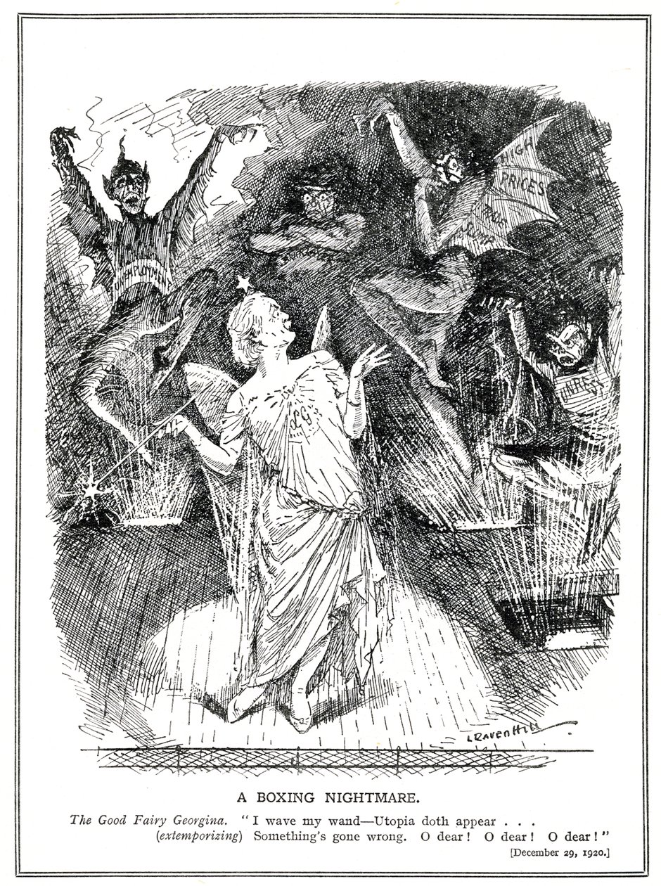 LLoyd George, „Dobrá víla“ koaliční vlády doufá, že promění Británii v utopii, ale místo toho vyvolává noční můru a ďábla nezaměstnanosti, obchodního propadu, vysokých cen a nepokojů, od Leonard Raven Hill