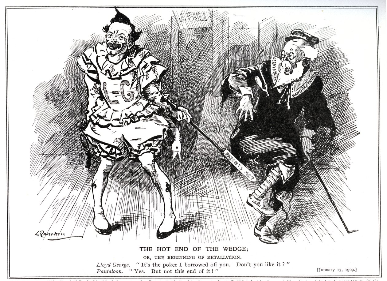 Lloyd George jako předseda obchodní rady chrání britský průmysl před německou konkurencí zákonem o patentech a vzorech z roku 1907, 1909. od Leonard Raven Hill