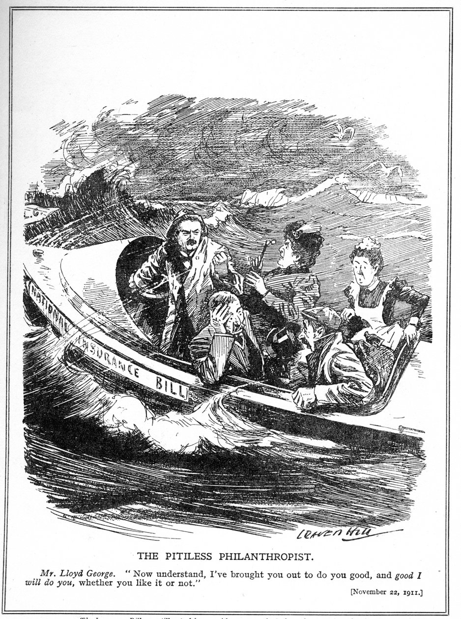 Lloyd George, zobrazený jako námořník na záchranném člunu, čelí opozici vůči jeho zákonu o národním pojištění z roku 1911 od Leonard Raven Hill