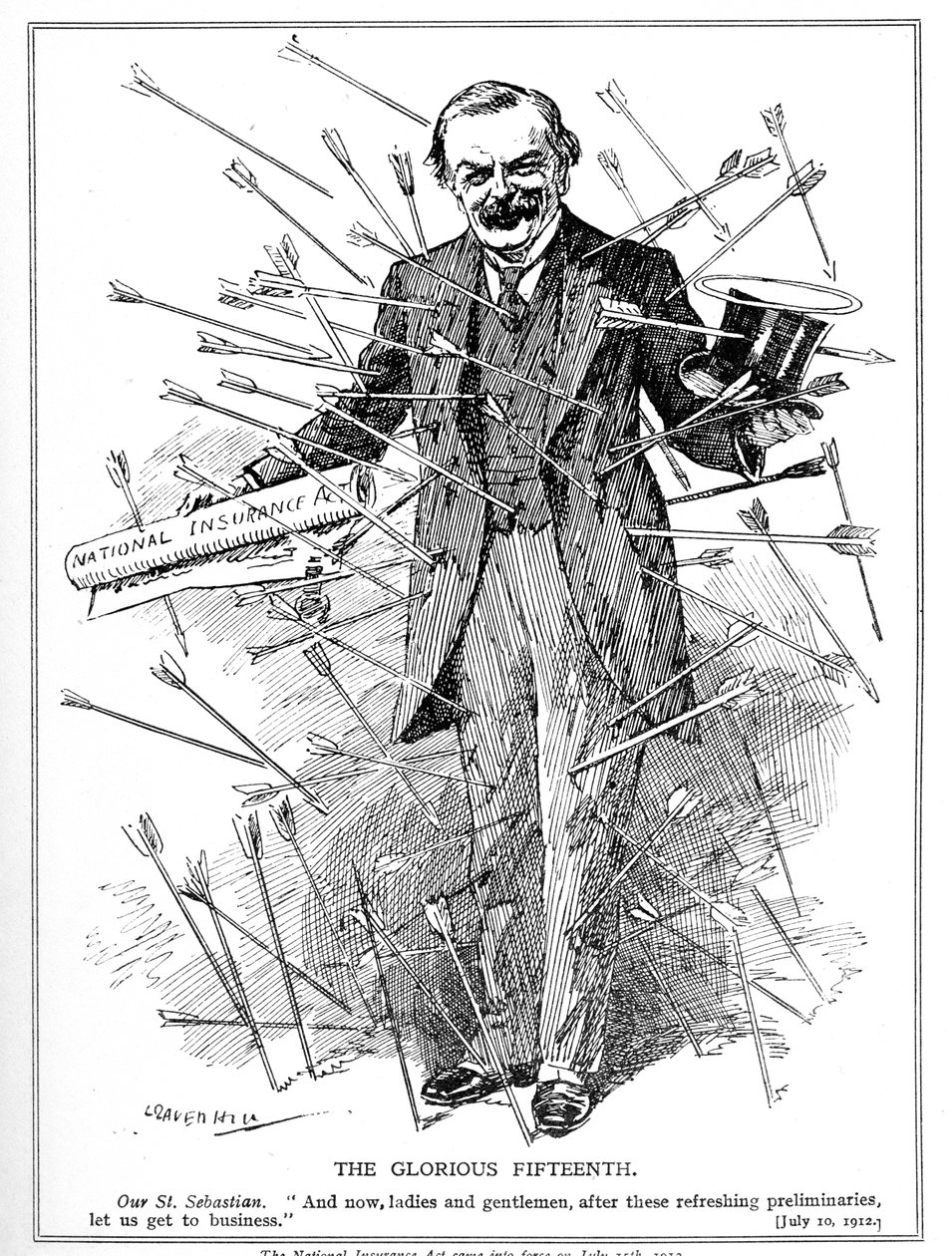 Lloyd George, zobrazený jako mučedník svatý Sebastian, napadený za svůj zákon o národním pojištění, který vstoupil v platnost 15. července 1912 Zákon o pojištění, 1911 od Leonard Raven Hill