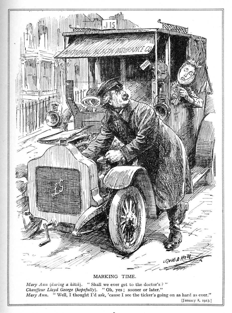 Lloyd George má zpoždění při odvozu pacienta k lékaři podle jeho zákona o národním zdravotním pojištění z roku 1913 od Leonard Raven Hill