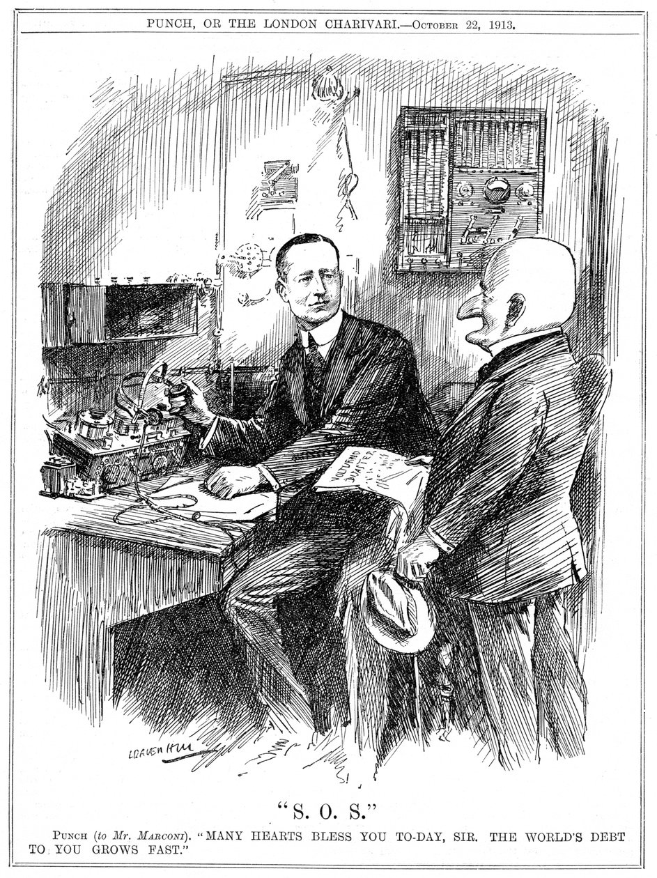 Pan Punch děkuje Marconimu za bezdrátovou telegrafii, která zachraňovala životy na moři, 1913 od Leonard Raven Hill