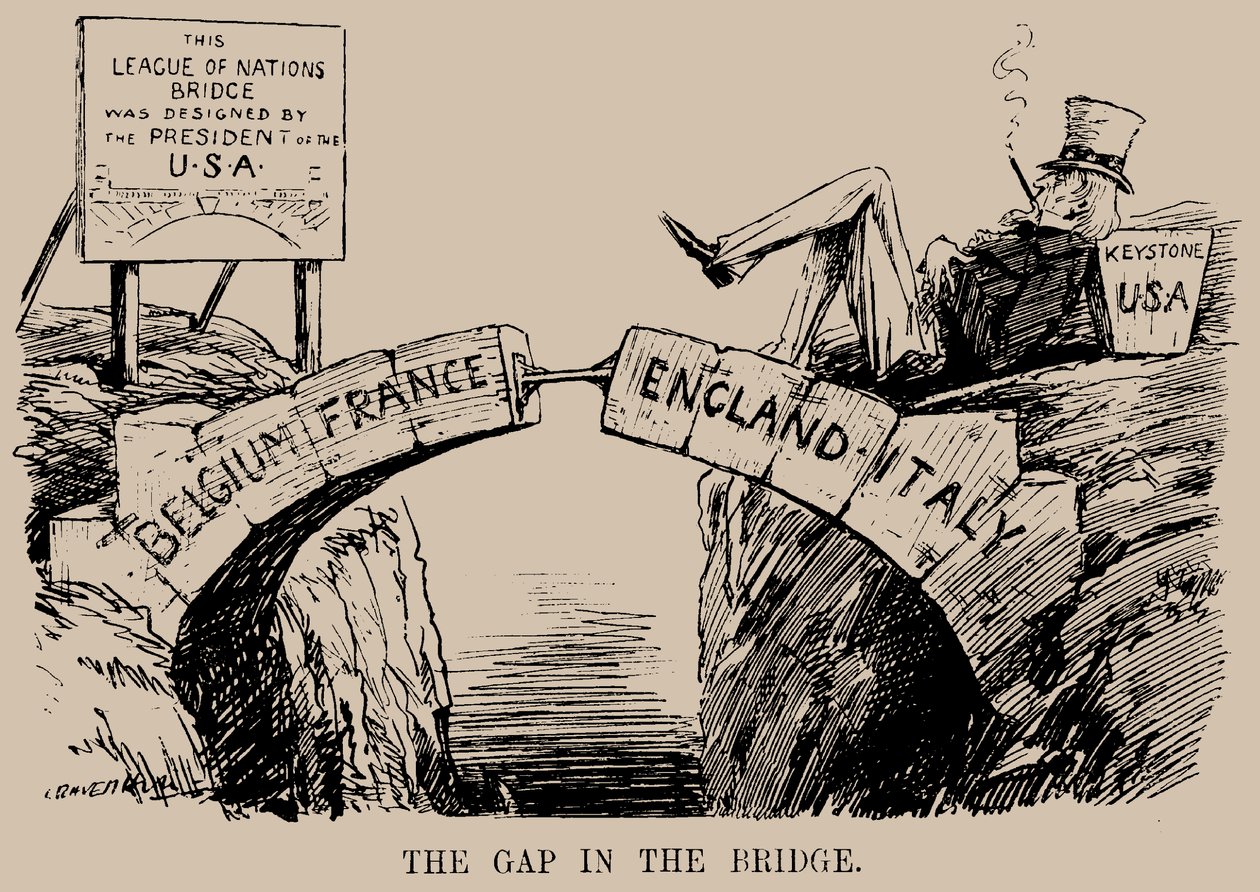 Mezera v mostě. Karikatura o nepřítomnosti USA ve Společnosti národů, prosinec 1919. od Leonard Raven Hill