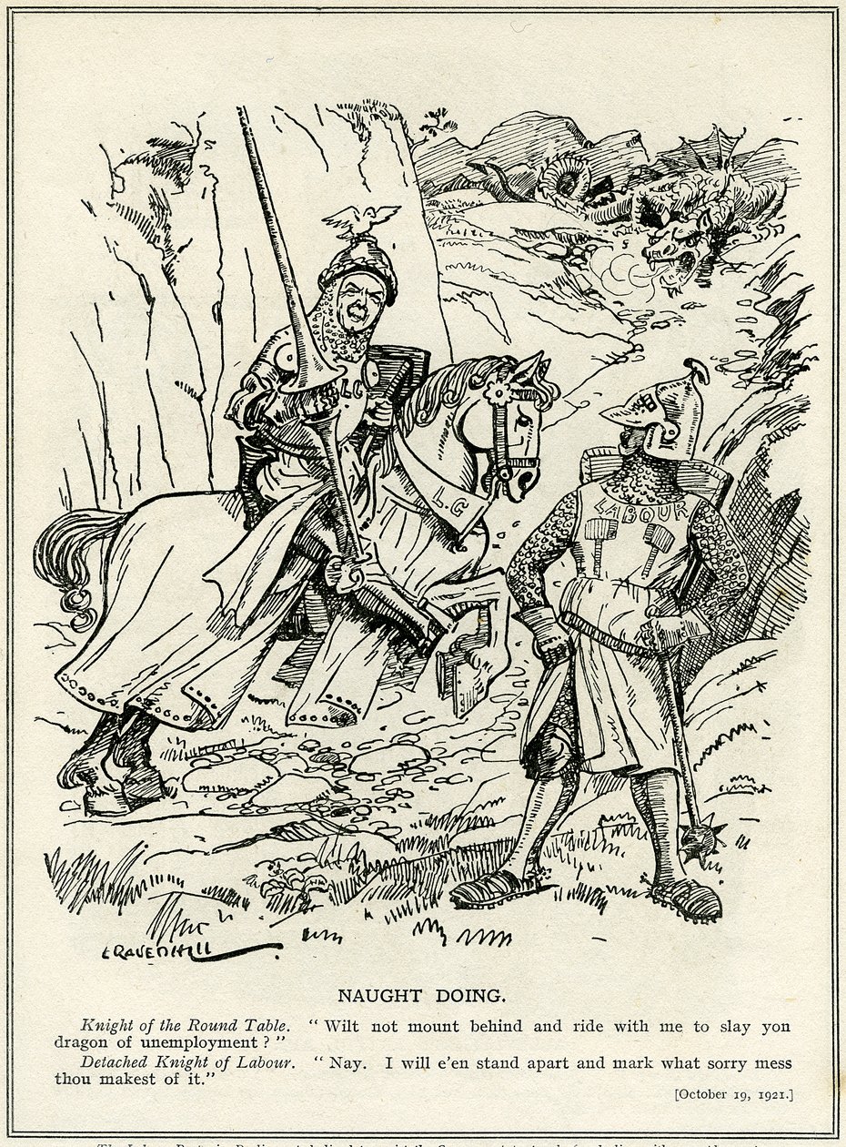 Labouristická strana se odmítá připojit k Lloydu Georgeovi při zabíjení draka nezaměstnanosti v roce 1921 od Leonard Raven Hill