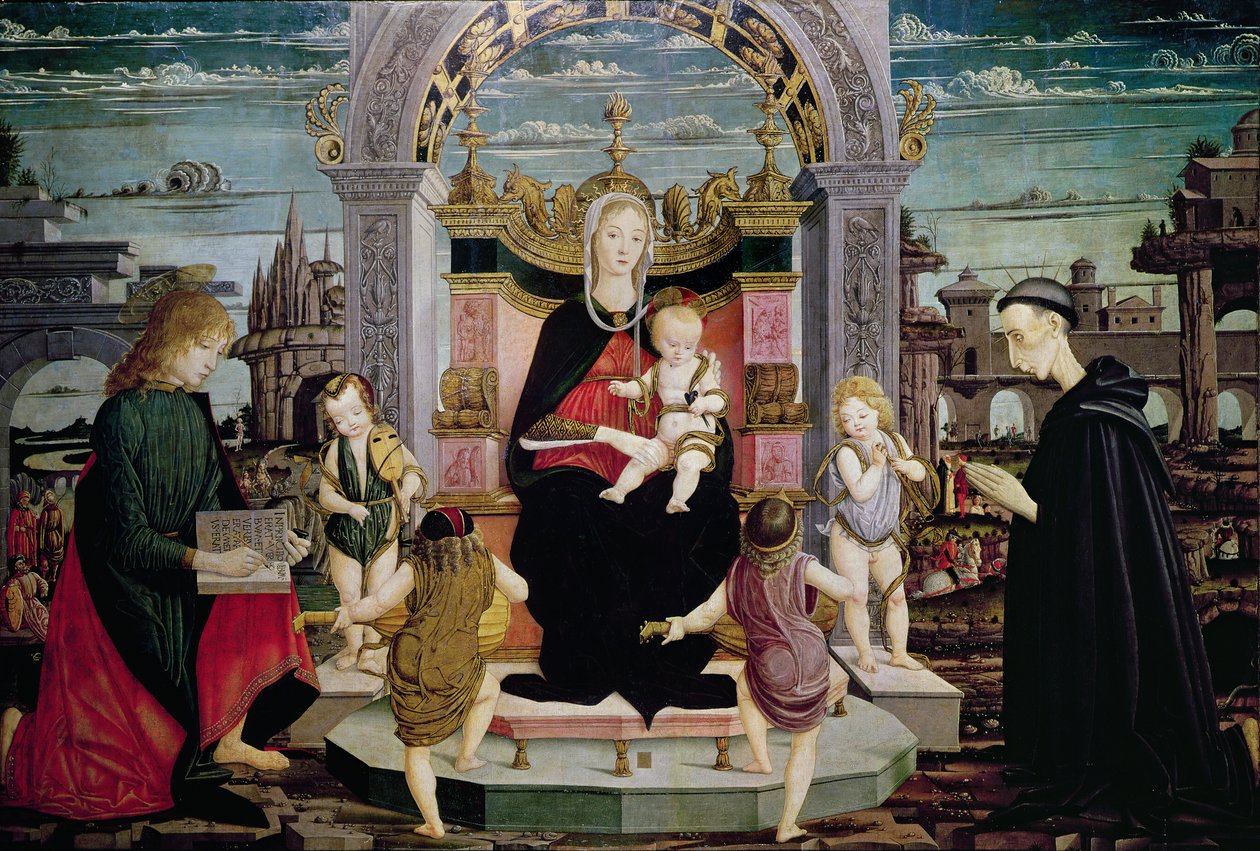 Panna a dítě na trůnu se svatým Janem Evangelistou a blahoslaveným Giacomem Bertonim od Leonardo I Scaletti