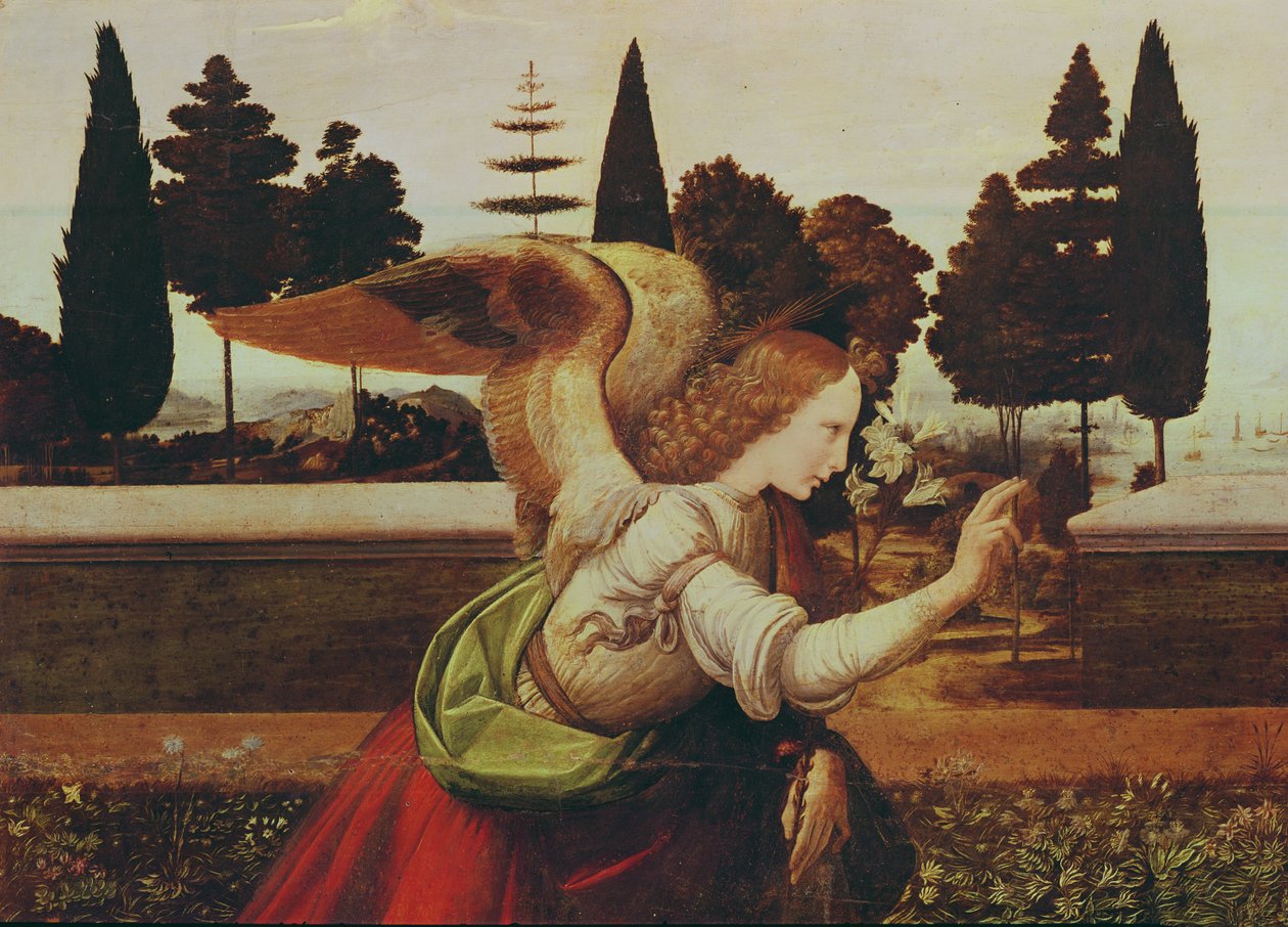 Angel Gabriel, detail ze Zvěstování, 1472-75 (detail 140570) od Leonardo da Vinci