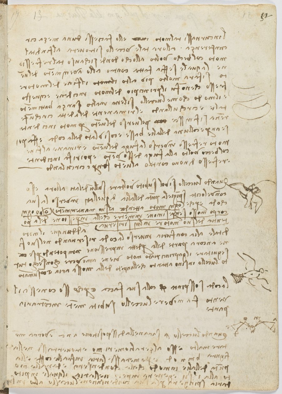 Letový kód ptáků, c. 1505-06, papírový rukopis, cc. 18, list 12 recto od Leonardo da Vinci