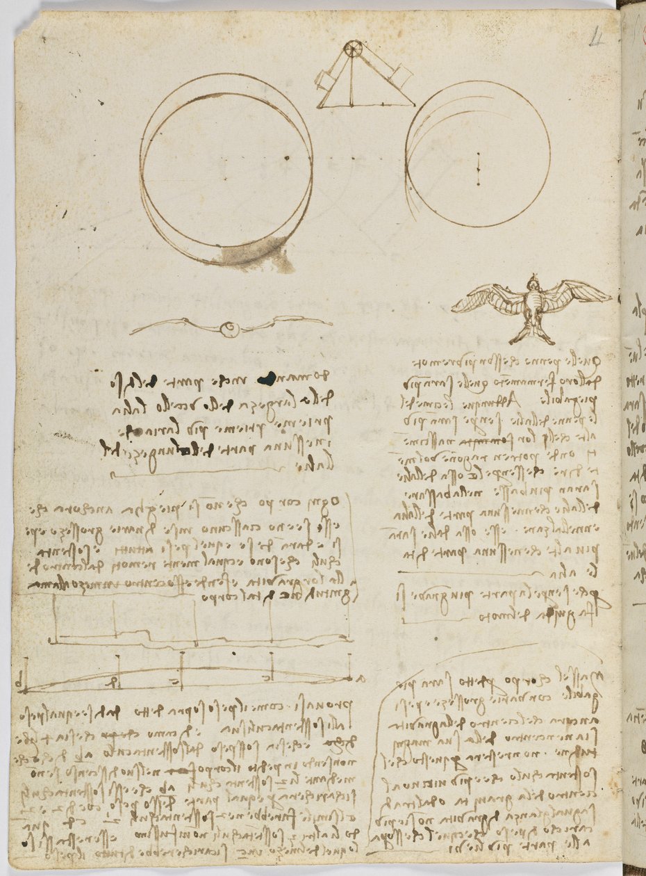 Letový kód ptáků, c. 1505-06, papírový rukopis, cc. 18, list 4 verso od Leonardo da Vinci