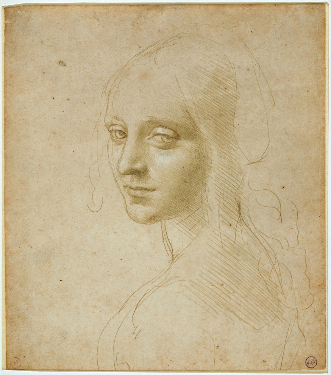 Busta dívky, studie pro „Virgin of the Rocks“, c. 1483-1485 (kovový hrot a bílý lak na připraveném papíře čirý okr) od Leonardo da Vinci
