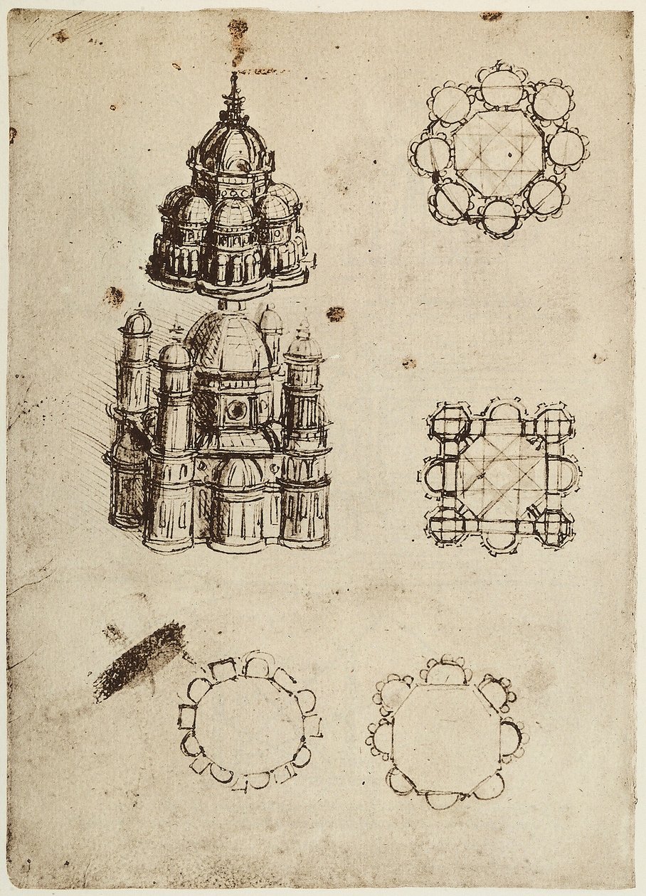 Centrálně plánované budovy, kresba Leonarda da Vinciho, součást Codexu B (2173), c.25v, sídlí v Institut de France, Paříž od Leonardo da Vinci