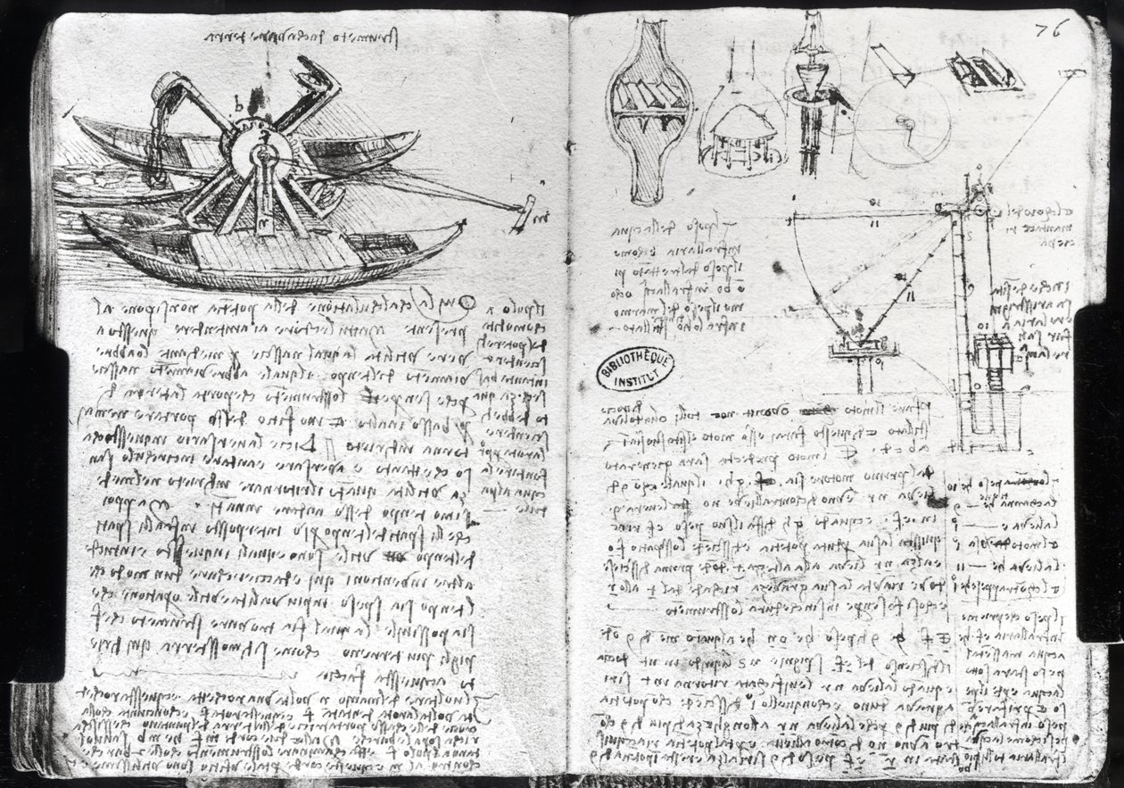 Provedení pro bagr a různé hydraulické stroje, fol. 75v a 76r z pařížského rukopisu E, 1513-14 (pero a inkoust na papíře) od Leonardo da Vinci