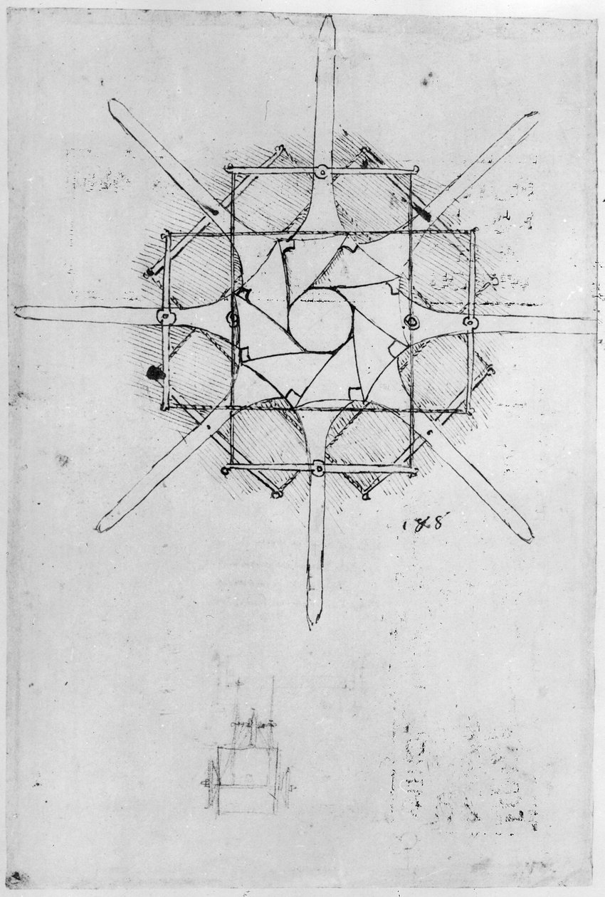 Provedení pro sklopnou rukojeť Capstan, Fol. 376v-c (pero a inkoust na papíře) od Leonardo da Vinci