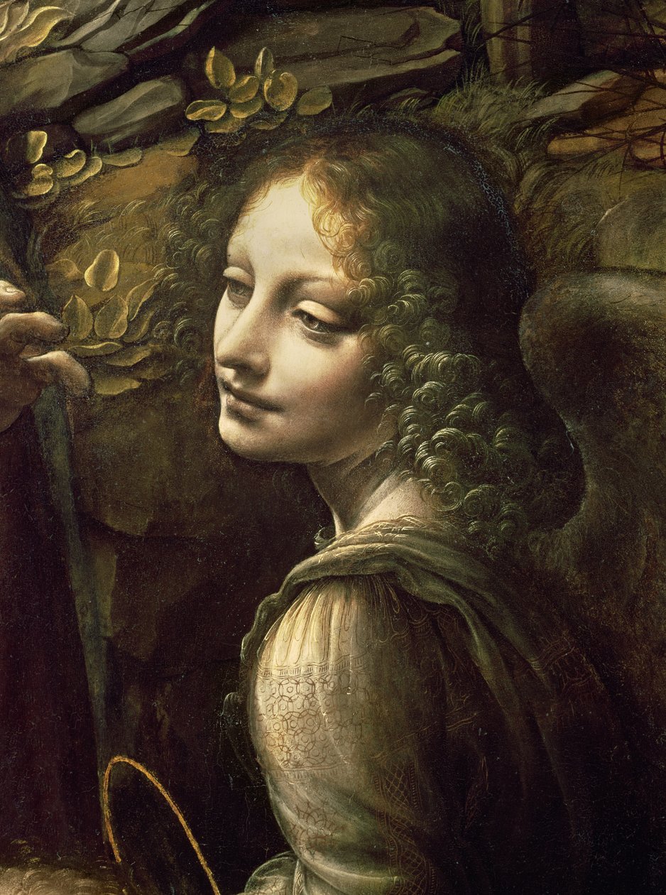 Detail anděla z obrazu Panny Marie ve skalách (Panna Marie s Jezulátkem, jak se klaní Jezulátku v doprovodu anděla), asi 1508 od Leonardo da Vinci