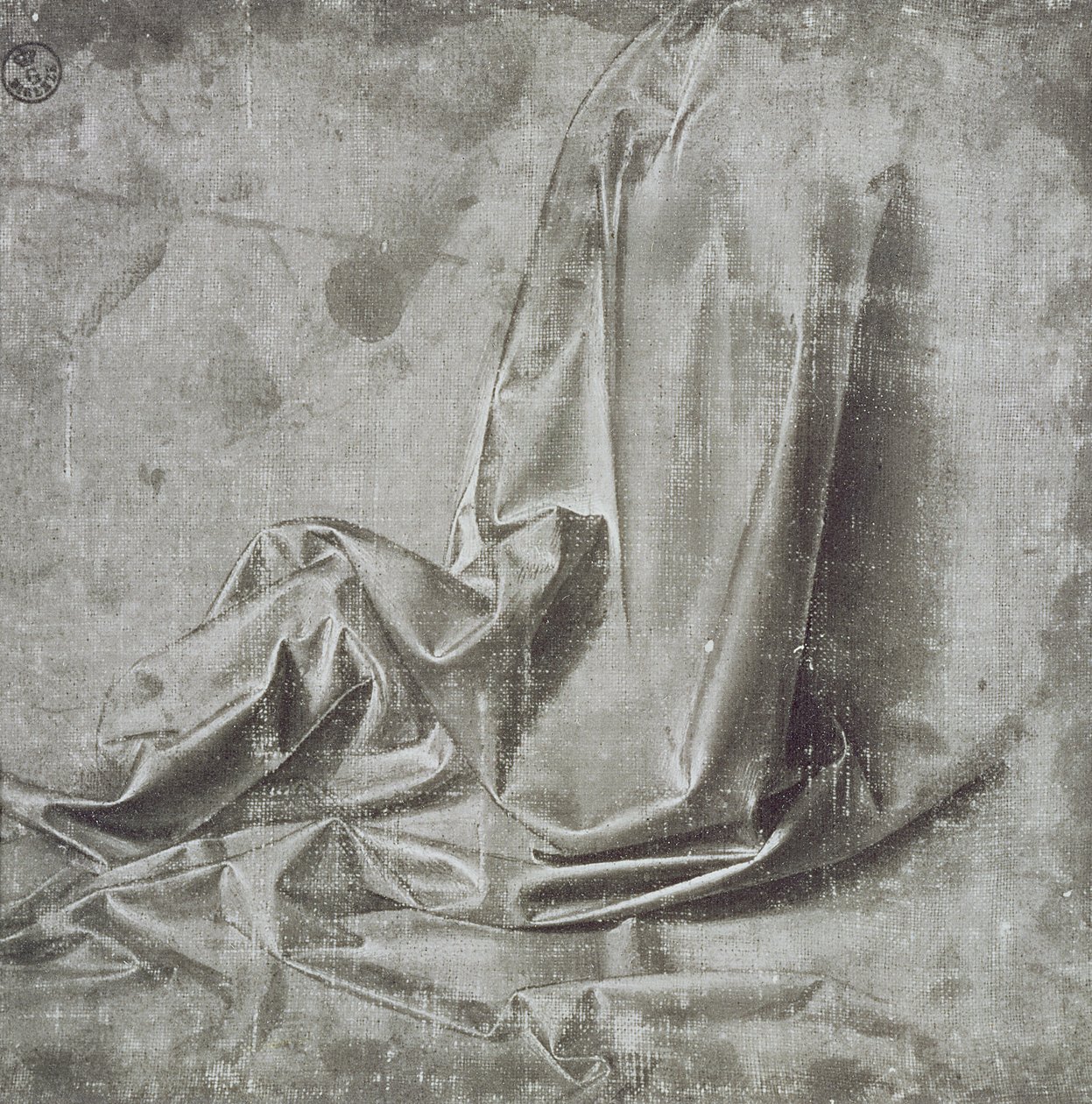 Draperní studie pro klečící postavu v profilu Perdu vpravo, cca 1472-75 (štětec a šedá tempera s bílou na plátně) od Leonardo da Vinci