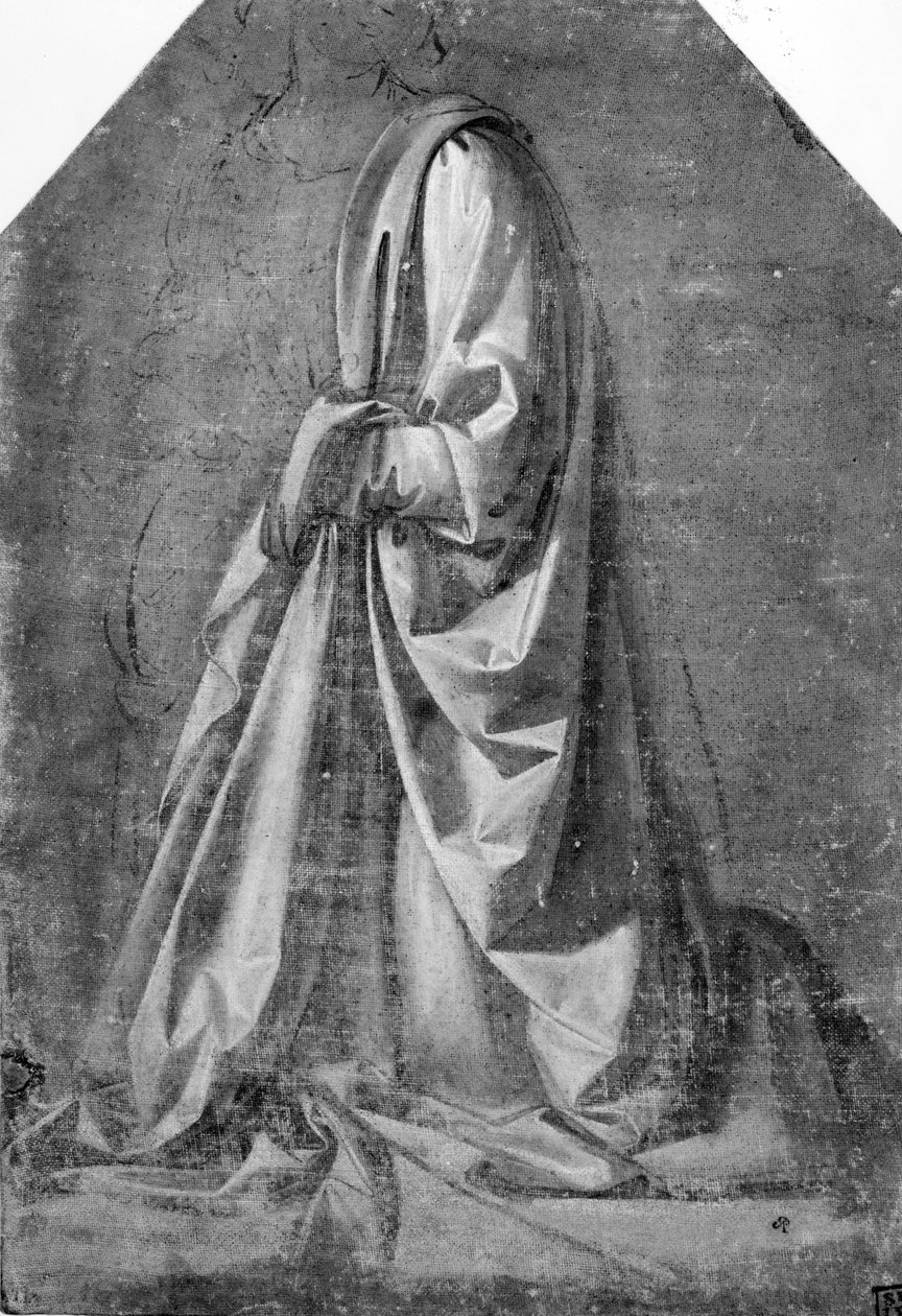Studie drapérie pro klečící postavu z tříčtvrtečního profilu vlevo, kolem roku 1475 (tempera s bílým vyvýšením na plátně) od Leonardo da Vinci