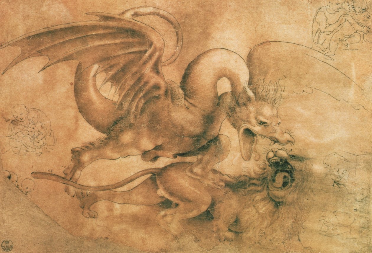 Boj draka a lva (hnědá tuš s lakem na papíře) od Leonardo da Vinci
