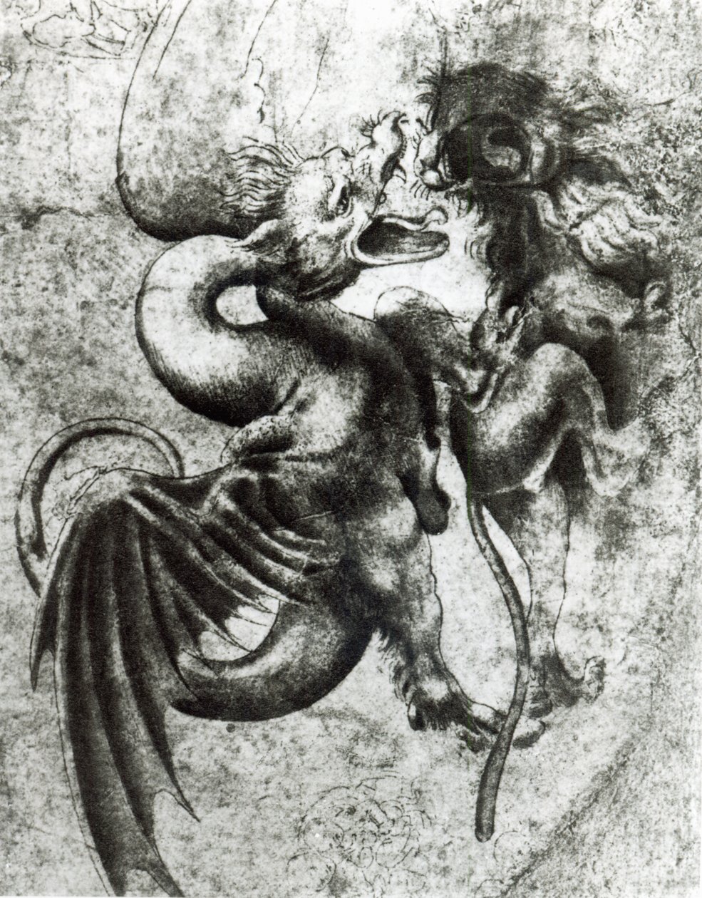 Boj mezi drakem a lvem (hnědý inkoust s mytím na papíře) od Leonardo da Vinci
