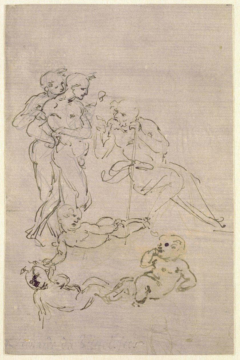 Figurální studie ke klanění tří králů (Josef a dva pastýři a skici pro Ježíška), kolem 1481 od Leonardo da Vinci