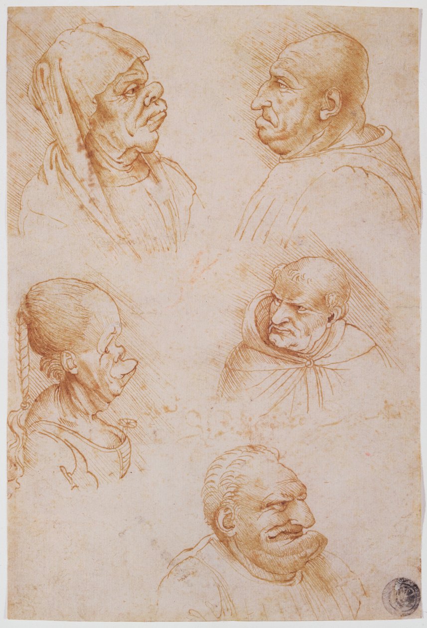 Pět studií groteskních tváří (červená křída na papíře) od Leonardo da Vinci