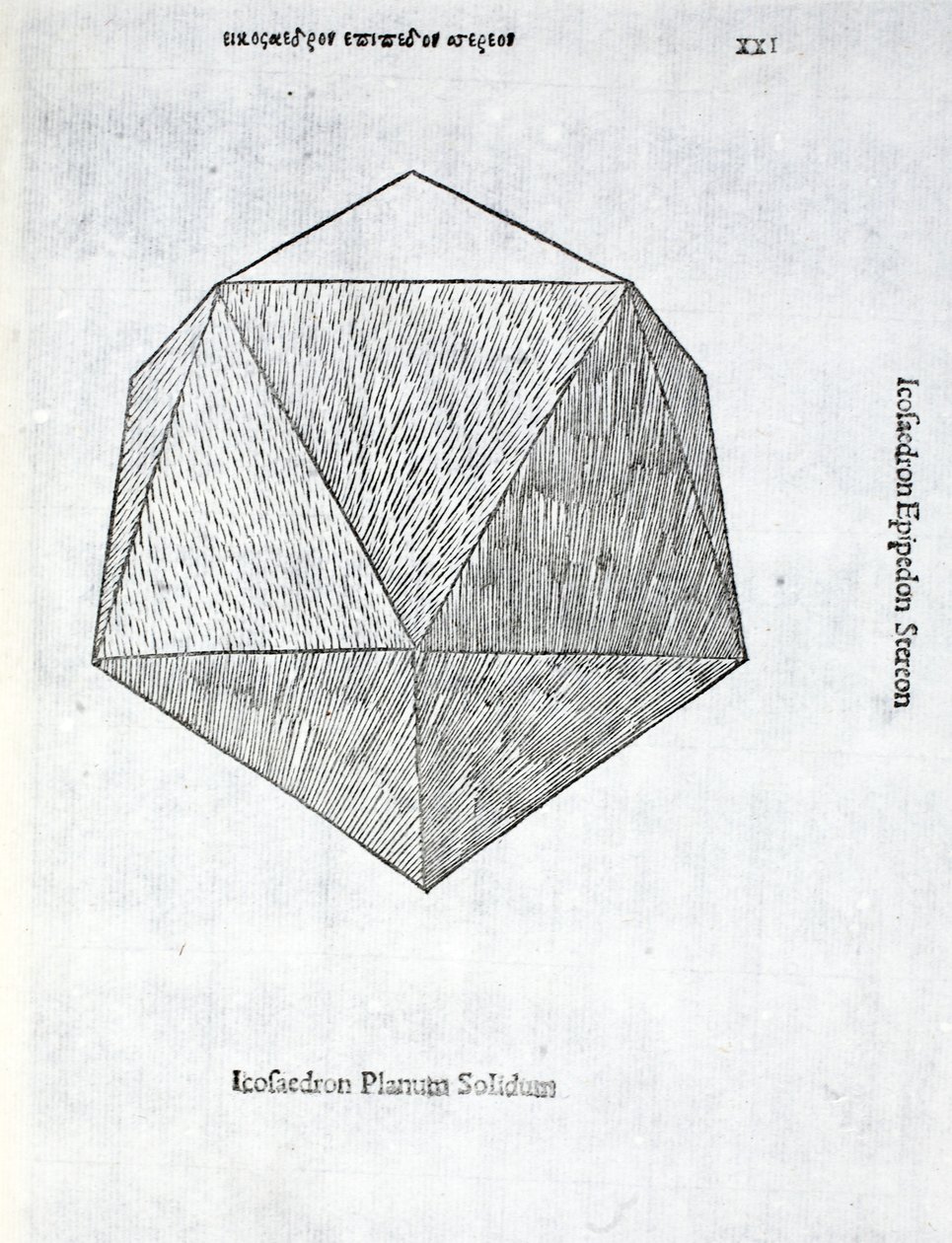 Icosaedron planum solidum, ilustrace z knihy "Divina Proportione" od Luky Pacioliho (asi 1445-1517), původně vyd. Benátky, 1509 od Leonardo da Vinci