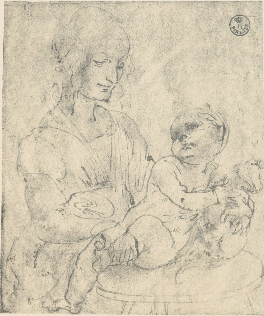 Panna a dítě hladí kotě, kresba Leonarda da Vinciho v galerii Uffizi od Leonardo da Vinci