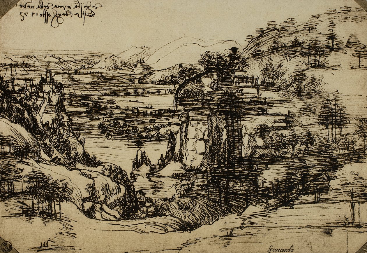 Krajina údolí Arno, pero na papíře, Leonardo da Vinci (1452-1519), Kabinet kreseb a tisků, Galerie Uffizi, Florencie od Leonardo da Vinci