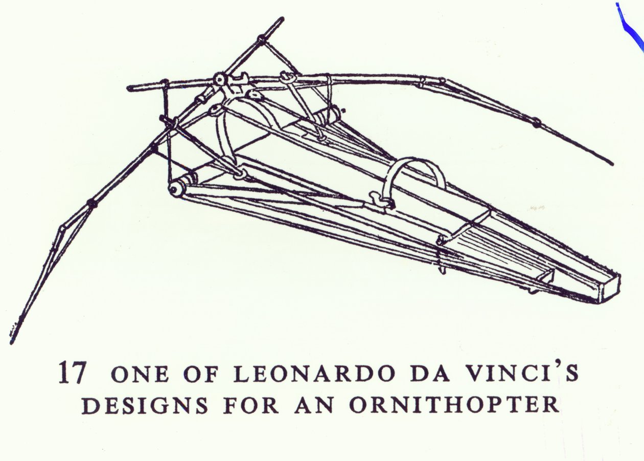Jeden z návrhů Leonarda da Vinci na ornitoptéru, kopie diagramu z rukopisu B, 1488-89 od Leonardo da Vinci