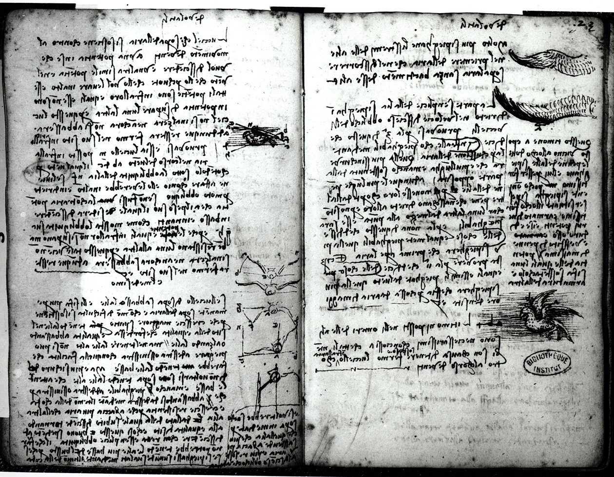 Pařížský rukopis E, fol. 22v a 23r: Náčrt letu ptáků, 1513-14 od Leonardo da Vinci